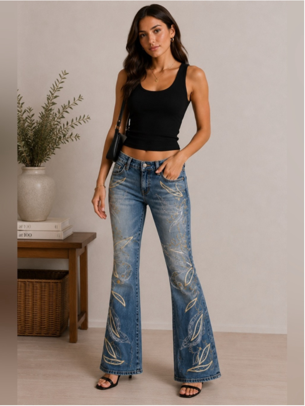 Destiny Embroidered Blue Flare Jeans Size 3/4 Y2K Festival Western Stretch
